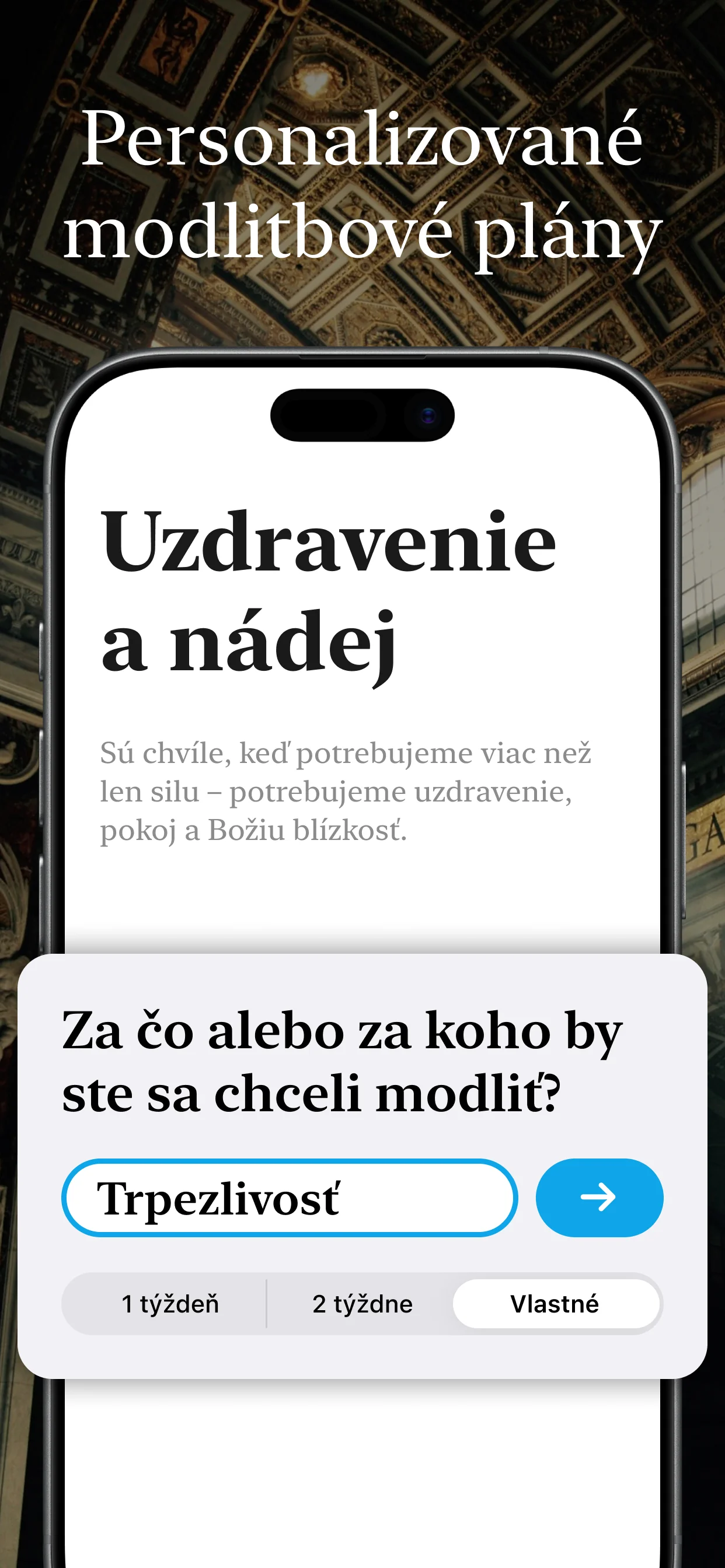 Ukážka katolíckej aplikácie Corvia - úvodná obrazovka pre modlitbu a zoznam deviatnikov